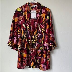 DR2 Tropical Leaf Print Kimono Blouse Tassel Tie Multicolor S/M NWT